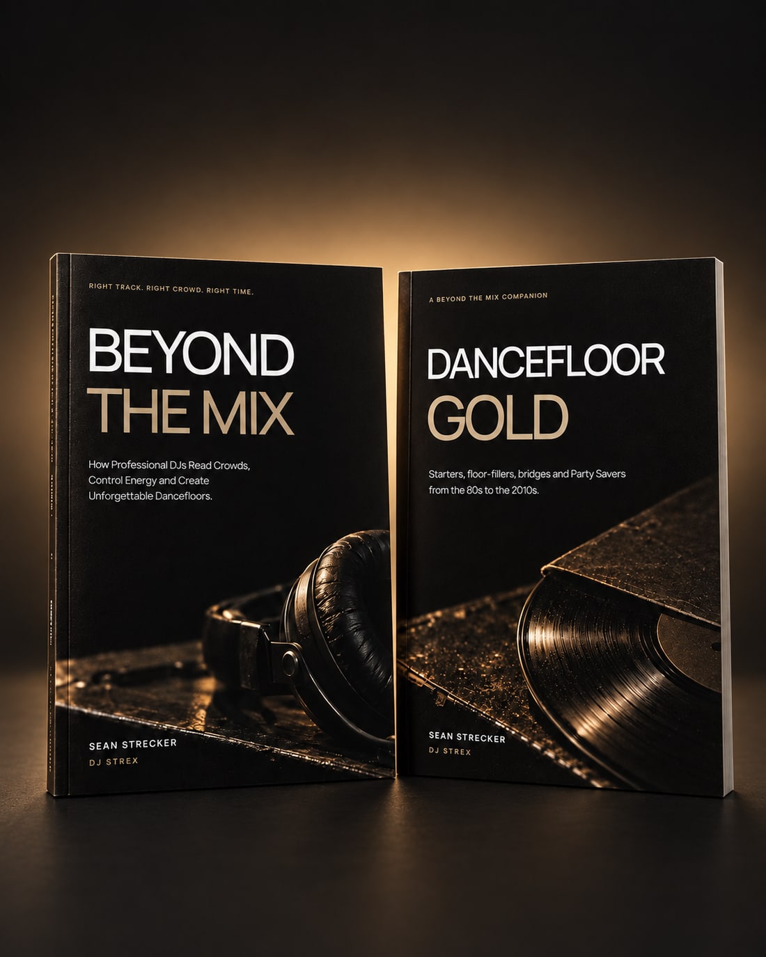 Beyond the Mix and Dancefloor Gold shown together as Black & Gold book mockups. Both products are digital PDF guides.