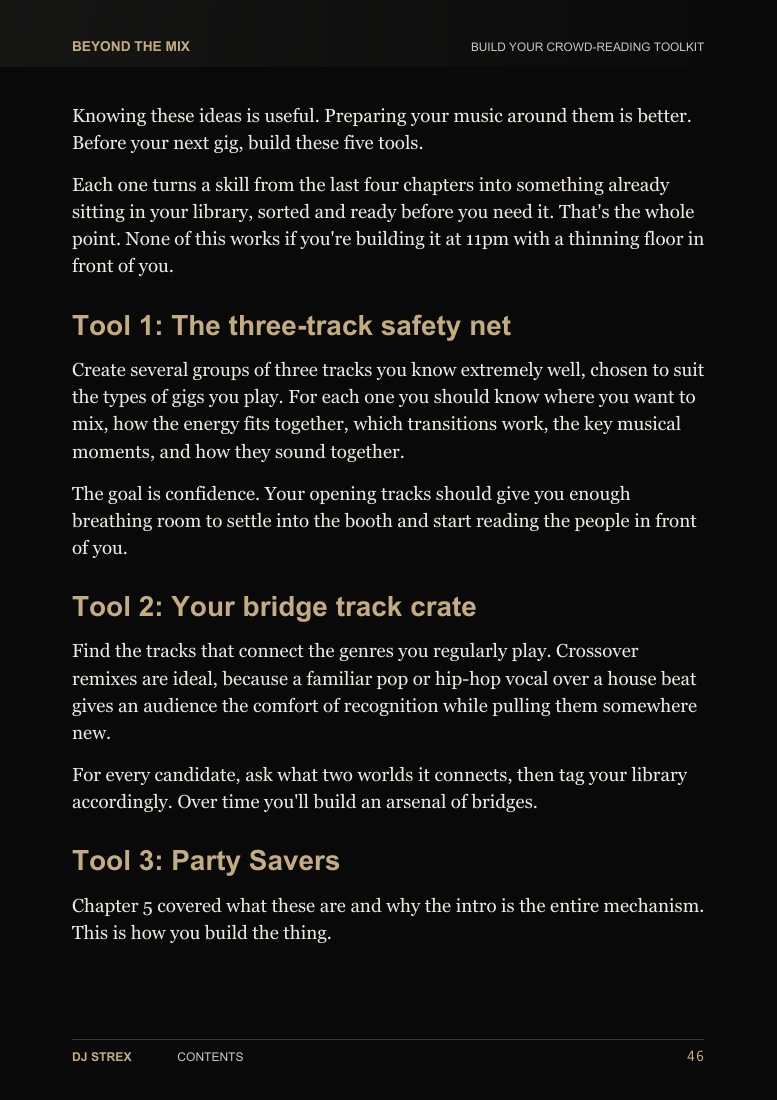 Actual page 46 of Beyond the Mix: the three-track safety net, energy-bridge crate and Party Saver folder.