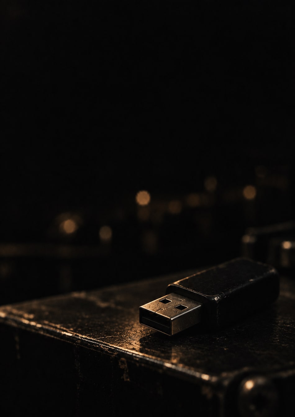 A small USB drive at the edge of a DJ booth in low gold light, artwork from the FLIP and SAVE chapter