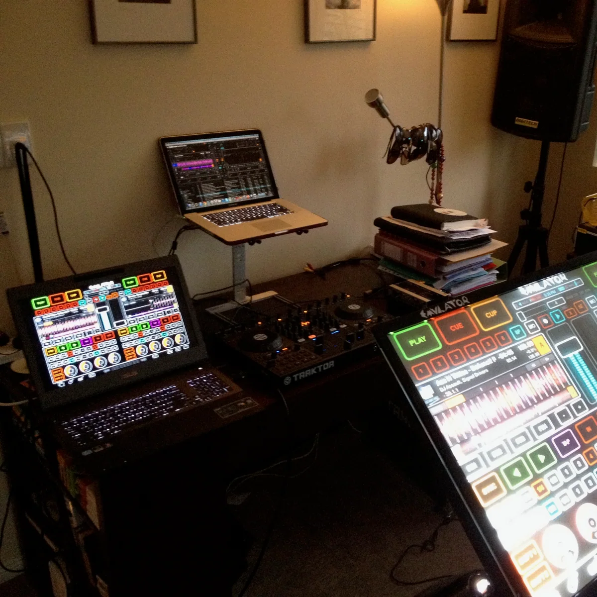 A home DJ setup in Brisbane in 2008, with laptops, decks and screens.